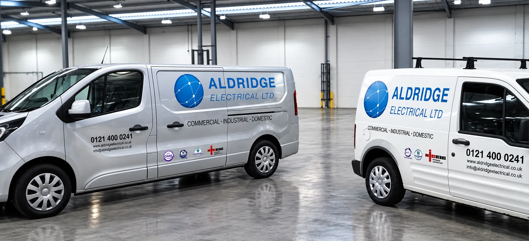 Aldridge Electrical branded vans on site in the West Midlands